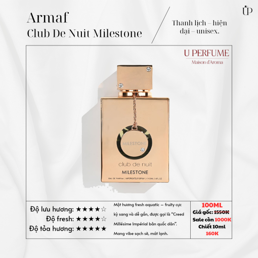 Armaf Club De Nuit Milestone 105ML – nước hoa unisex sang trọng, bền mùi và thanh lịch, gợi nhớ Creed Millésime Impérial. Mua ngay tại UPerfume – shop nước hoa chính hãng Đà Nẵng, giá tốt.