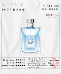 Versace Pour Homme – nước hoa nam cao cấp mang phong cách Ý thanh lịch, trẻ trung và nam tính. Độ tỏa hương vừa phải, dễ dùng hàng ngày, phù hợp công sở, hẹn hò, đi chơi. Mua chính hãng tại UPerfume - shop nước hoa Đà Nẵng uy tín với giá tốt nhất.