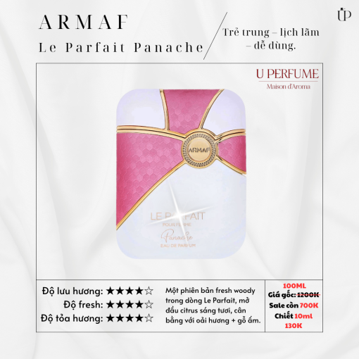 Armaf Le Parfait Panache EDP – nước hoa nữ chính hãng, sang trọng và quyến rũ. Lưu hương bền lâu, giá tốt tại UPerfume – shop nước hoa nữ Đà Nẵng.